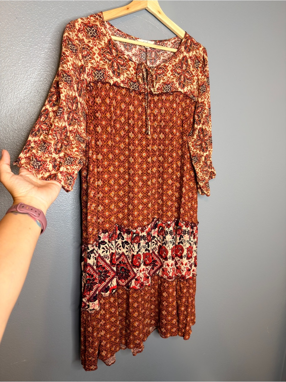 easel Rust Earthy Floral Mix Print Tiered Midi Dress Oversized Small